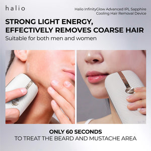 Halio InfinityGlow Advanced IPL Sapphire Cooling Hair Removal Device - Strong light energy, effectively removes coarse hair - Suitable for both men and women - Only 60 seconds to treat the beard and mustache area