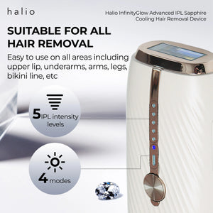 Halio InfinityGlow Advanced IPL Sapphire Cooling Hair Removal Device - Suitable for all hair removal - Easy to use on all areas including upper lip, underarms, arms, legs, bikini line, etc. - 5 IPL intensity levels - 4 modes