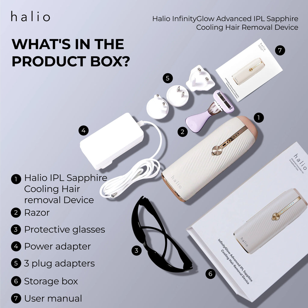 Halio InfinityGlow Advanced IPL Sapphire Cooling Hair Removal Device - What's in the product box? - Halio IPL Sapphire Cooling Hair Removal Device - Razor - Protective glasses - Power adapter - 3 plug adapters - Storage box - User manual