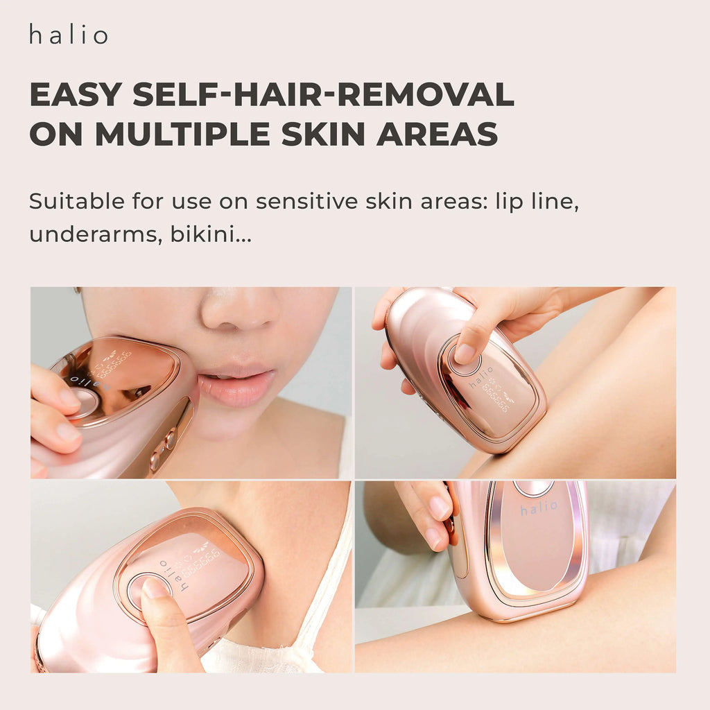 HALIO IPL COOLING HAIR REMOVAL DEVICE - EASY SELF-HAIR-REMOVAL ON MULTIPLE SKIN AREAS - Suitable for use on sensitive skin areas - lip line, underarms, bikini...