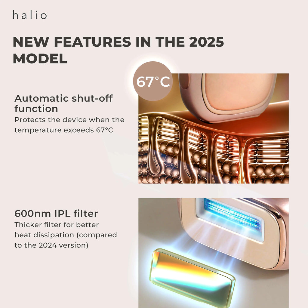 HALIO IPL COOLING HAIR REMOVAL DEVICE - NEW FEATURES IN THE 2025 MODEL - 67°C - Automatic shut-off function - Protects the device when the - temperature exceeds 67°C - 600nm IPL filter - Thicker filter for better - heat dissipation (compared to the 2024 version)