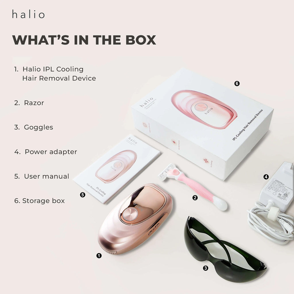 WHAT'S IN THE BOX - Halio IPL Cooling Hair Removal Device - Razor - Goggles - Power adapter - User manual - Storage box