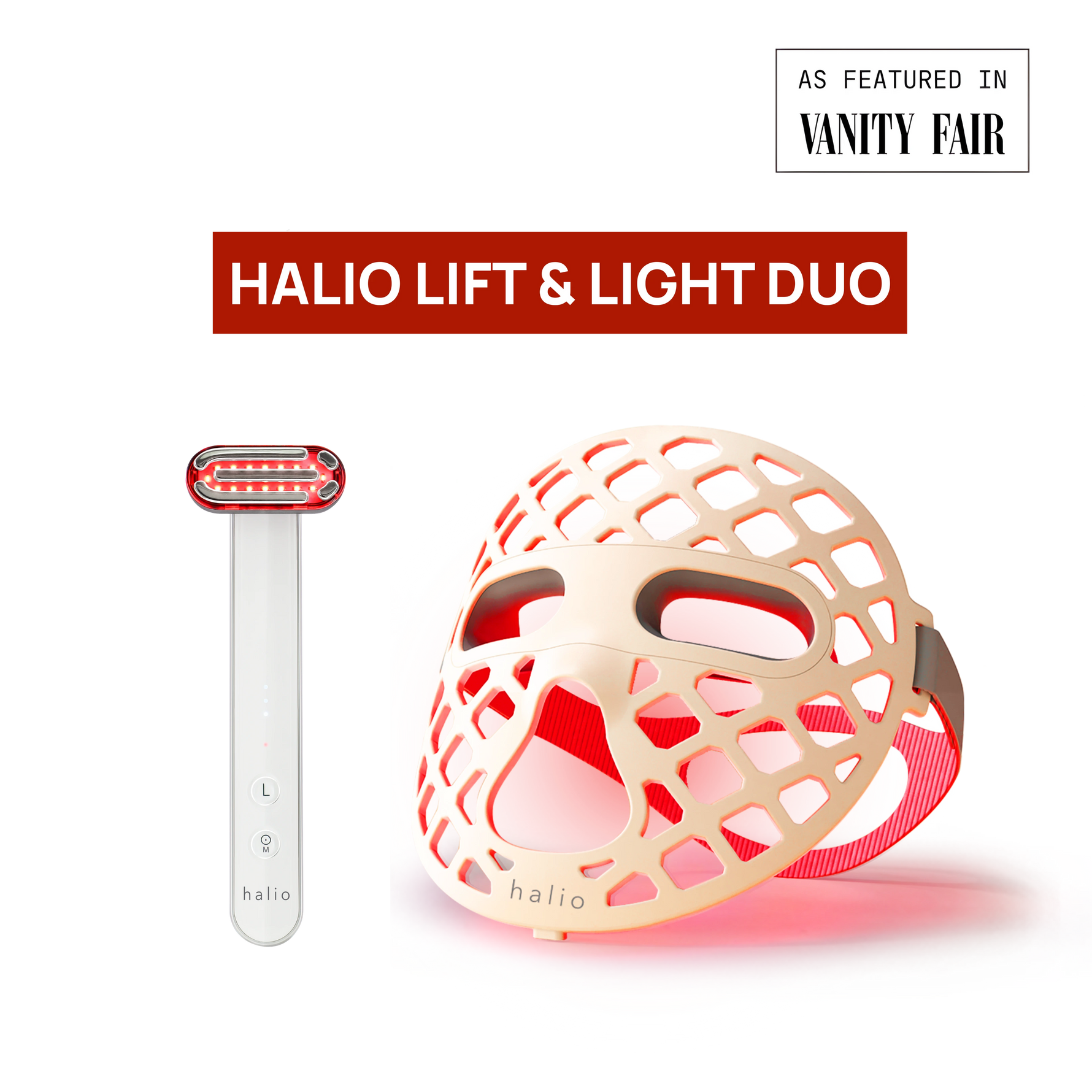 Halio Lift & Light Duo device on a white background with 'Vanity Fair' branding.