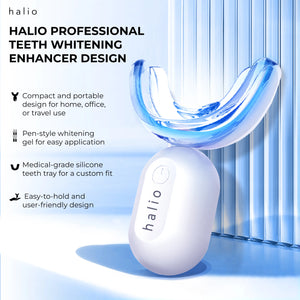 HALIO PROFESSIONAL TEETH WHITENING ENHANCER DESIGN - Compact and portable design for home, office, or travel use - Pen-style whitening gel for easy application - Medical-grade silicone teeth tray for a custom fit - Easy-to-hold and user-friendly design