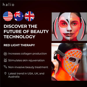 Halio PureGlow Ultralite Silicone LED Face Mask - Discover the future of beauty technology - Red light therapy - Increase collagen production- Stimulates skin rejuvenation - Non-invasive beauty treatment - Latest trend in USK, UK, and Australia