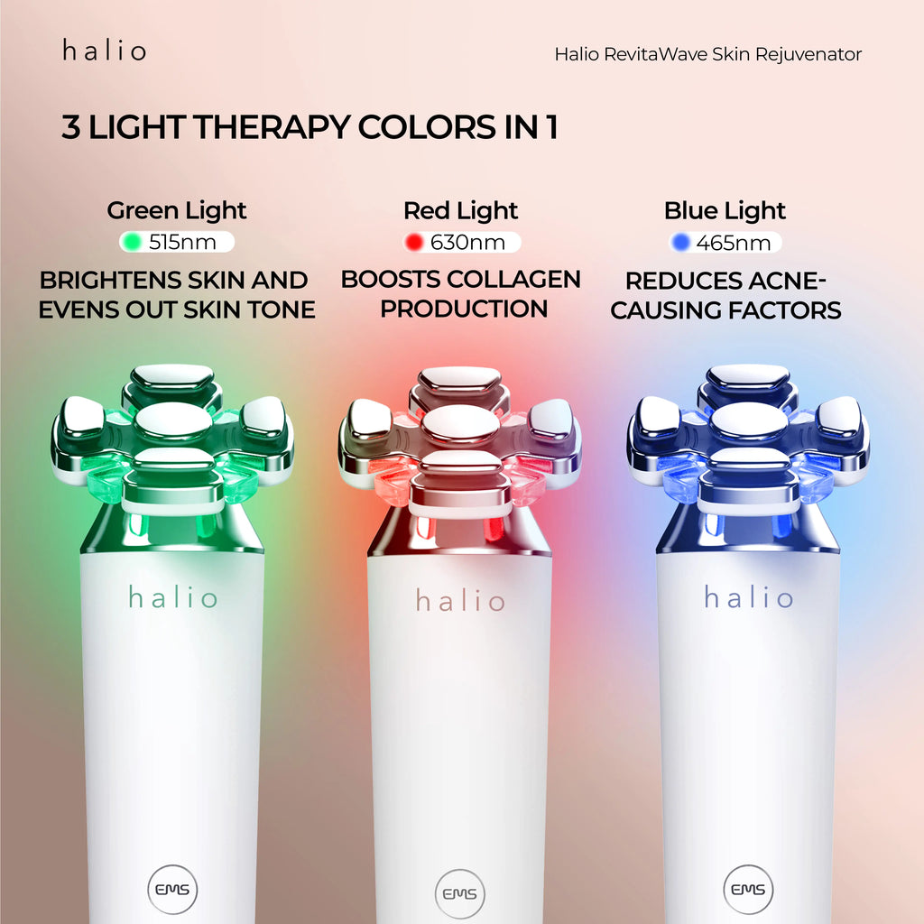 3 LIGHT THERAPY COLORS IN 1 - Green Light - Brightens skin and evens out skin tone - Red Light - Boosts collagen production - Blue Light - Reduces acne-causing factors