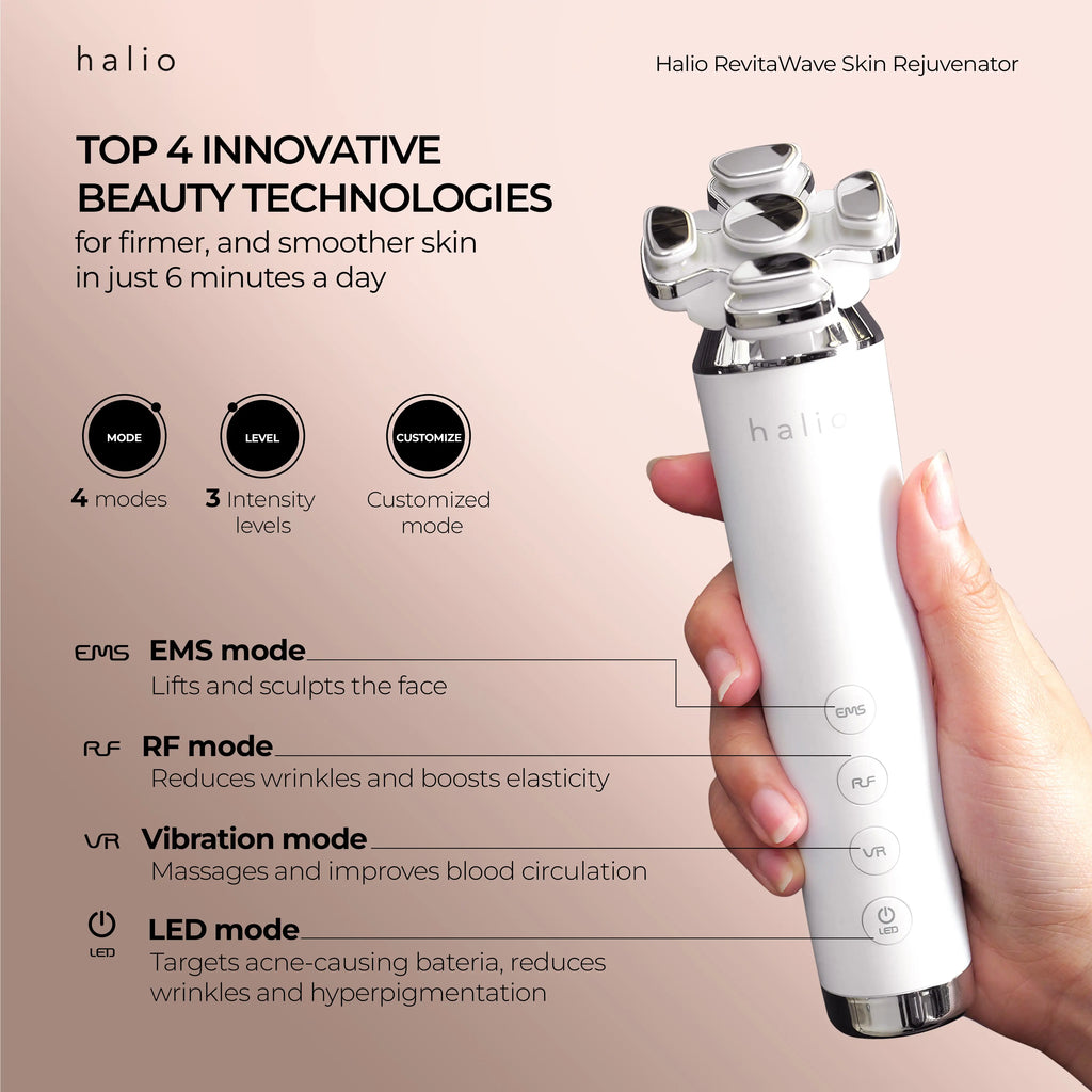 TOP 4 INNOVATIVE BEAUTY TECHNOLOGIES - For firmer, and smoother skin - In just 6 minutes a day - 4 modes - 3 Intensity levels - Customized mode - EMS mode - Lifts and sculpts the face - RF mode - Reduces wrinkles and boosts elasticity - Vibration mode - Massages and improves blood circulation - LED mode - Targets acne-causing bacteria, reduces wrinkles and hyperpigmentation