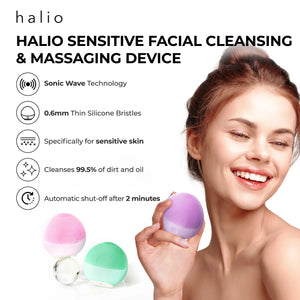 HALIO SENSITIVE FACIAL CLEANSING & MASSAGING DEVICE - Sonic Wave Technology - 0.6mm thin silicone bristles - Specifically for sensitive skin - Cleanses 99.5% of dirt and oil - Automatic shut-off after 2 minutes