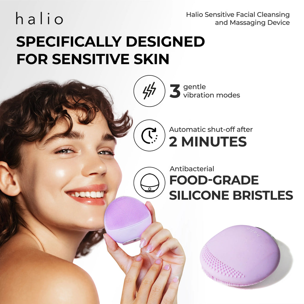 SPECIFICALLY DESIGNED FOR SENSITIVE SKIN - 3 gentle vibration modes - Automatic shut-off after 2 minutes - Antibacterial food-grade silicone bristles