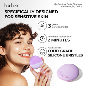 SPECIFICALLY DESIGNED FOR SENSITIVE SKIN - 3 gentle vibration modes - Automatic shut-off after 2 minutes - Antibacterial food-grade silicone bristles