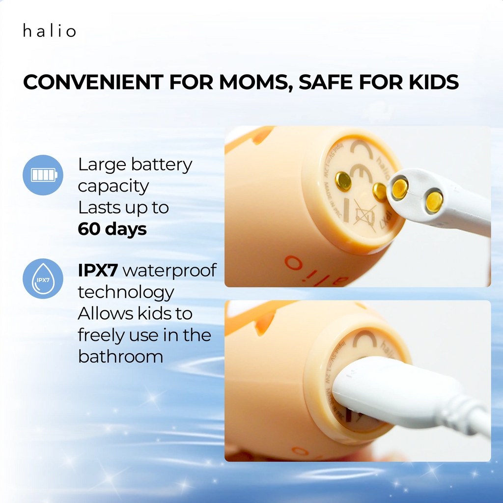 Halio Smartsonic Electric Kid Toothbrush - CONVENIENT FOR MOMS, SAFE FOR KIDS - Large battery capacity - Last up to 60 days - IPX& waterproof technology allows kids to freely use in the bathroom