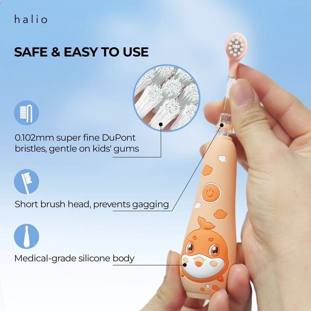 Halio Smartsonic Electric Kid Toothbrush - SAFE & EASY TO USE - 0.102mm super fine DuPont bristles, gentle on kids' gums - Short brush head, prevents gagging - Medical-grade silicone body