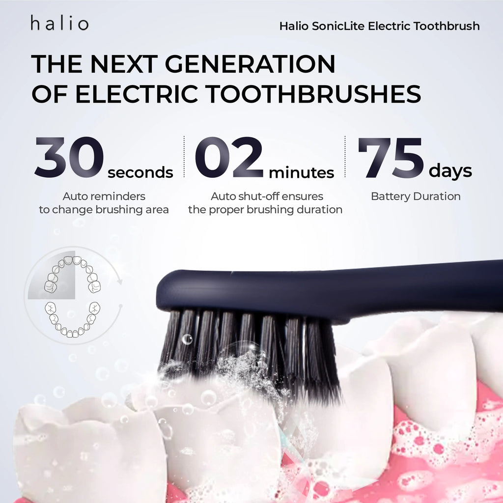 Halio SonicLite Electric Toothbrush - The next generation of electric toothbrushes - 30 seconds Auto reminders to change brushing area - 02 minutes Auto shut-off ensures the proper brushing duration - 75 days Battery Duration