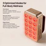 Halio red light therapy panel beside text: “3 Optimized Modes for Full-Body Wellness,” Glow, Recovery, and Regen Boost.