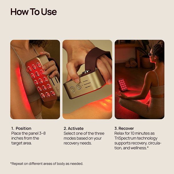 Halio RegenBoost red light panel how-to-use guide showing positioning, mode selection, and 10-minute recovery session.
