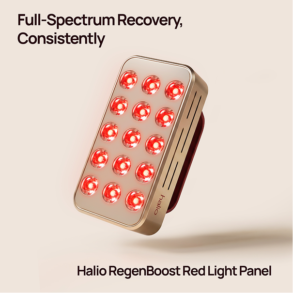 Halio RegenBoost red light panel with glowing LEDs. Full-Spectrum Recovery, Consistently. Halio RegenBoost Red Light Panel
