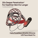 Halio PureGlow Ultralite Silicone LED Face Mask Pro with controller and cable; banner text: “20x Deeper Penetration”