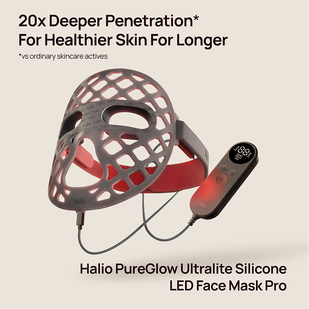 Halio PureGlow Ultralite Silicone LED Face Mask Pro with controller and cable; banner text: “20x Deeper Penetration”