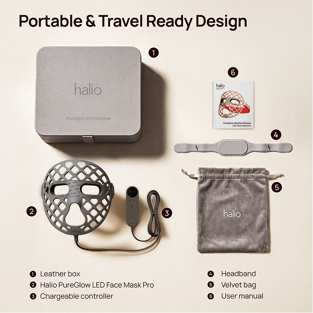 Portable & Travel Ready Design: Halio PureGlow LED Face Mask Pro with leather box, controller, headband, velvet bag, and manual.