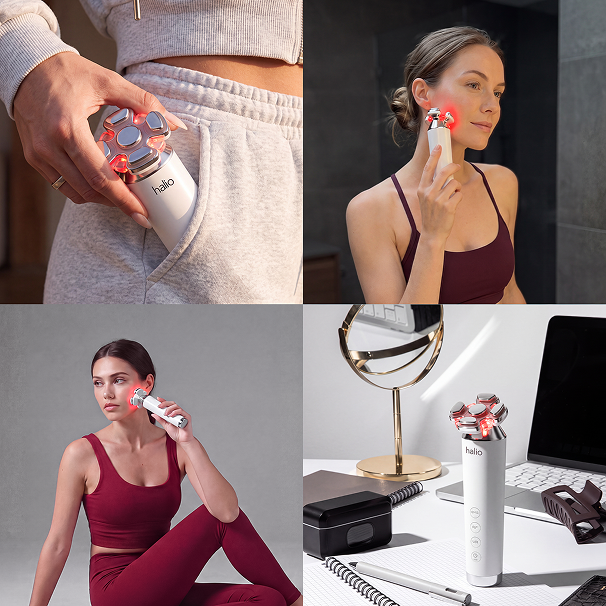 Halio RevitaWave skincare wand shown in four scenes, including facial use, pocket carry, and desk display.
