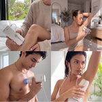 Collage showing four people using the Halio InfinityGlow IPL hair removal device on legs, underarms, and chest.