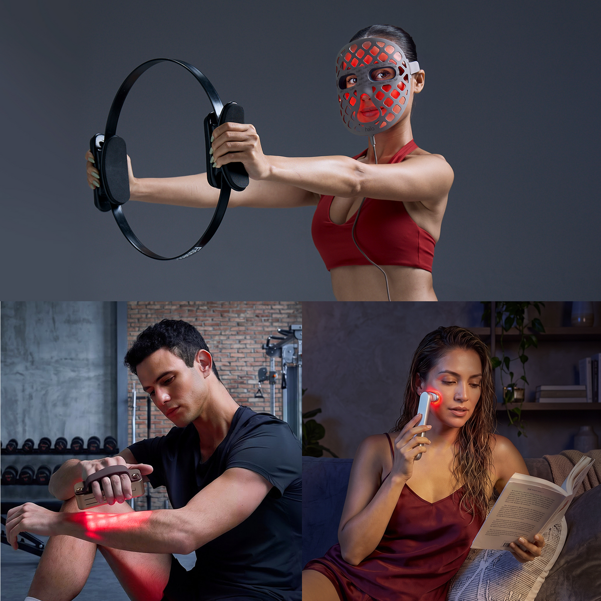Halio Red Light Therapy Trio shown in use: LED face mask, red light face wand, and body panel for recovery.