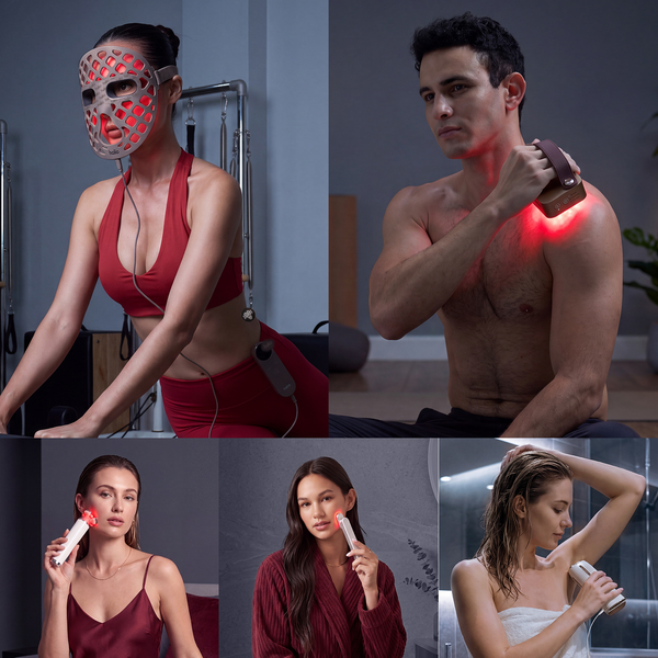Halio Complete Longevity Set collage showing people using LED mask, red light therapy, and handheld skin rejuvenation devices