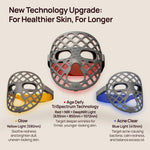 Halio LED masks labeled Glow, Age Defy, and Acne Clear; “New Technology Upgrade: For Healthier Skin, For Longer.”