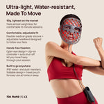 Woman wearing a red LED face mask; banner reads “Ultra-light, Water-resistant, Made To Move” and lists product features.