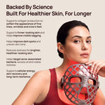 Woman wearing a glowing red Halio LED face mask beside text: “Backed By Science Built For Healthier Skin, For Longer”