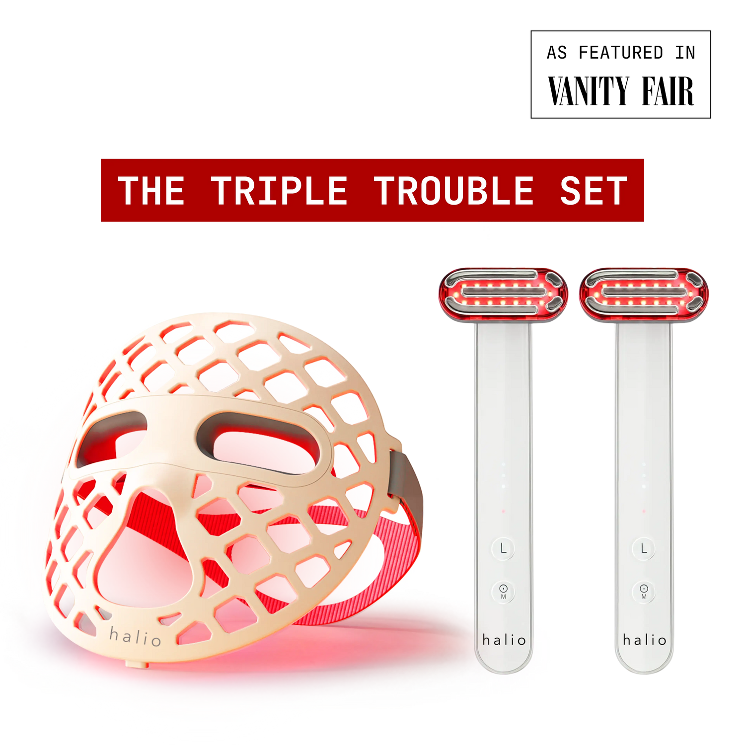 The triple trouble set - Halio PureGlow Ultralite Silicone LED Face Mask and 2x Halio Red Light Therapy Device