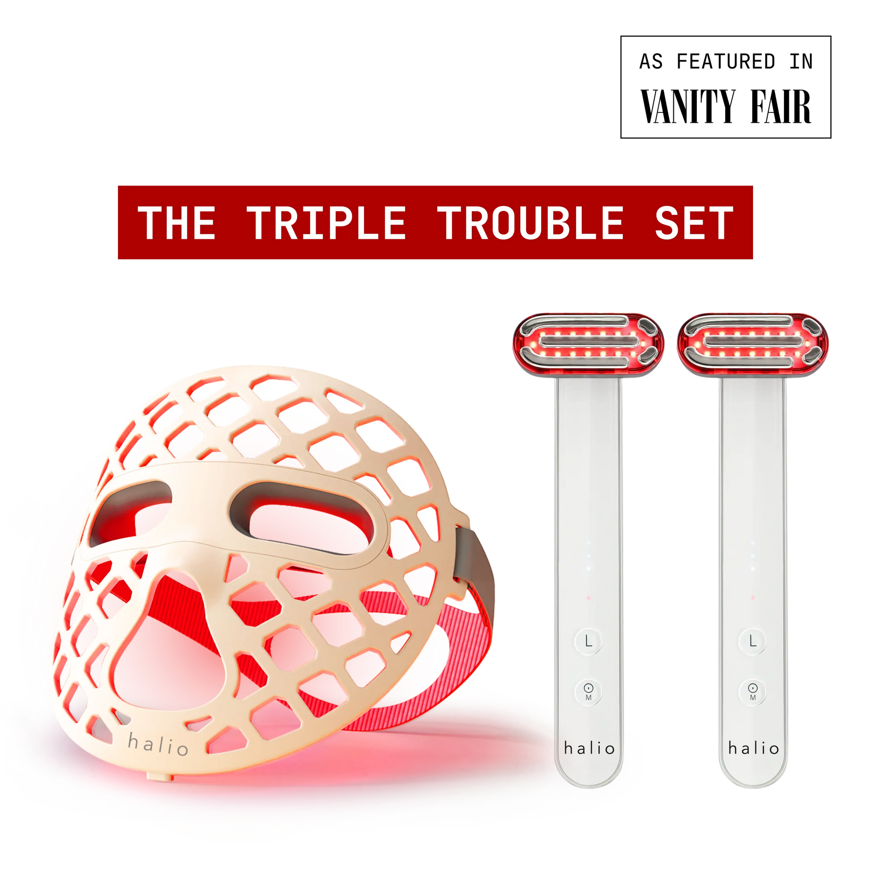 The triple trouble set - Halio PureGlow Ultralite Silicone LED Face Mask and 2x Halio Red Light Therapy Device